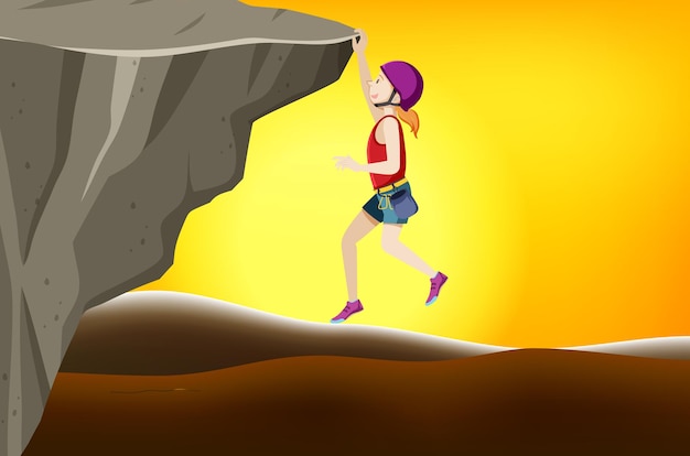 Free vector rock climbing scene with woman climbing at sunset