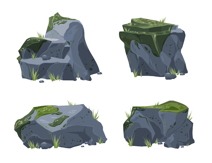 Free Vector rock garden wild nature stones with sparse vegetation green growth moss 4 realistic landscape elements illustration