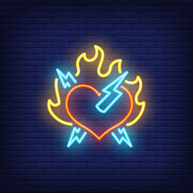 Free vector rock heart with fire and lightning neon sign