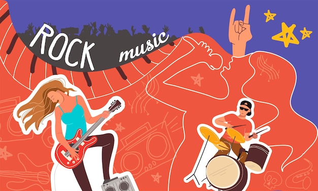 Vettore gratuito collage di colori di musica rock con illustrazione vettoriale piatta di musicisti maschili e femminili