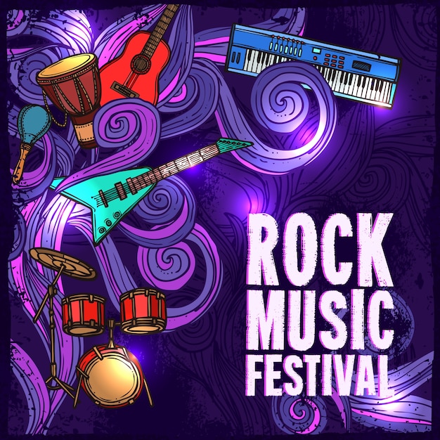 Rock music festival poster with electric guitar drums keyboard instruments vector illustration