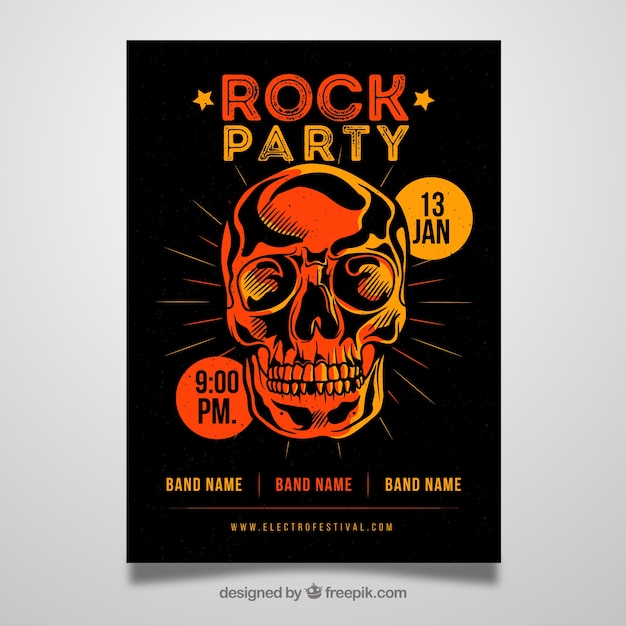 Free vector rock party poster with flat skull