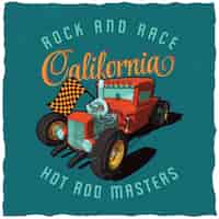 Free vector rock and race california poster with image of car on the blue field