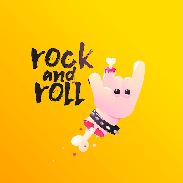 Rock and roll. hand shows sign of the horns with bones and blood.