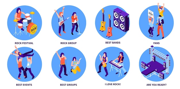 Rock star compositions set with best groups symbols isometric isolated vector illustration