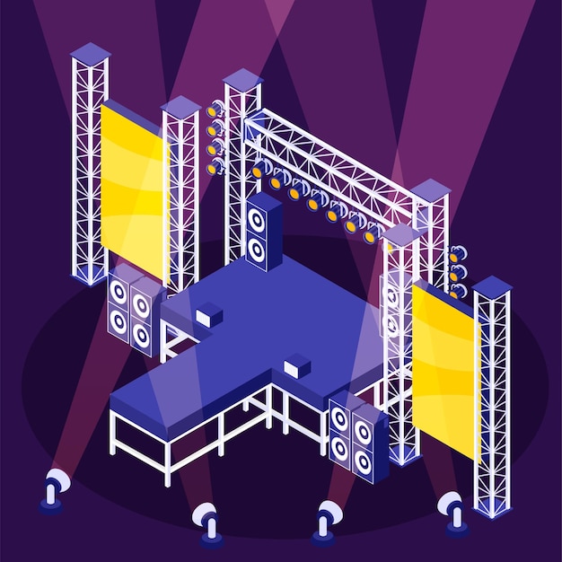 Vettore gratuito concetto di rock star con l'illustrazione isometrica di vettore di simboli della fase di festival del metallo