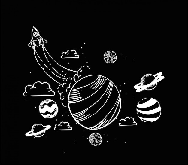 Бесплатное векторное изображение Ракета и планета рисуют