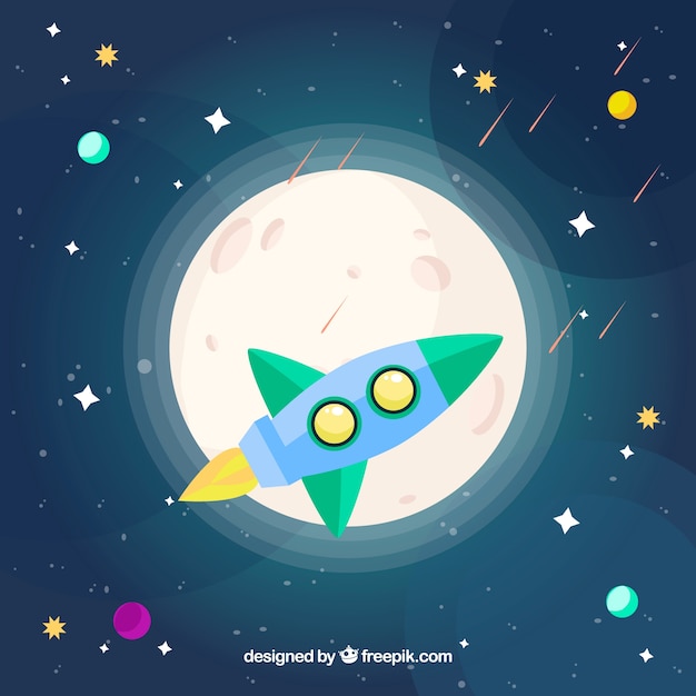 Rocket background and moon with stars in flat design