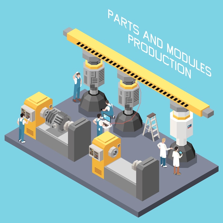Free Vector rocket building isometric with spacecraft parts and modules production vector illustration