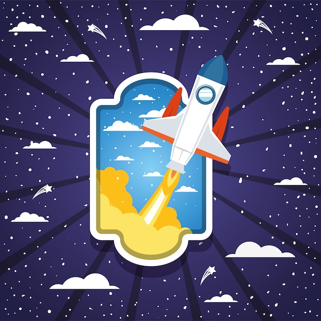 Free vector rocket over clouds and striped