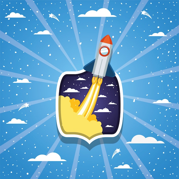 Free vector rocket over clouds and striped