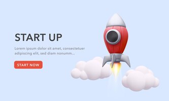 Rocket flies through realistic clouds, concept of a web page for a startup. illustration