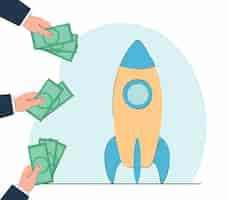 Free vector rocket and hands with banknotes flat vector illustration. people investing money in space development. innovation, startup, finance concept for banner, website design or landing web page
