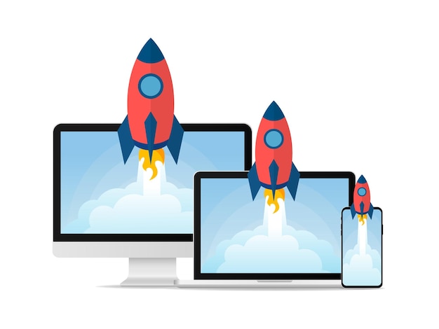Rocket launch from devices. start up project rocket launch  concept flat design illustration.