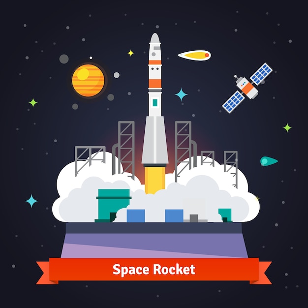 Free vector rocket launch from spaceport pad