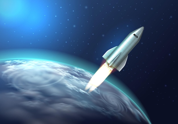 Rocket launch realistic background with spacecraft flying into space above earth vector illustration