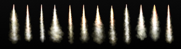 Vettore gratuito scia di fumo di lancio di razzi con vettore di fiamma di fuoco effetto di velocità di esplosione del decollo del getto realistico isolato set di spray per veicoli spaziali bianchi con pista di vapore in aria decollo di scoppio del motore di avviamento dell'aeroplano