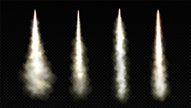 無料ベクター 火の炎のベクトルを持つロケット打ち上げの煙跡孤立した現実的なジェット離陸爆発速度効果空中の蒸気トラックを含む白い宇宙船スプレーセット飛行機のスタートエンジンバースト離陸