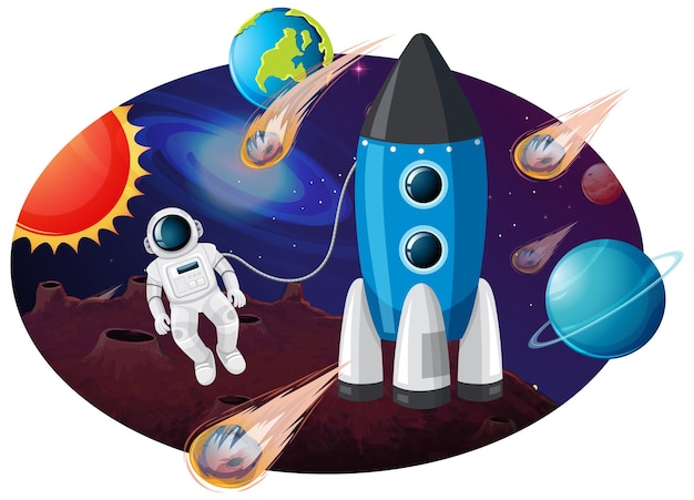 Free vector rocket ship with many planets and asteroids