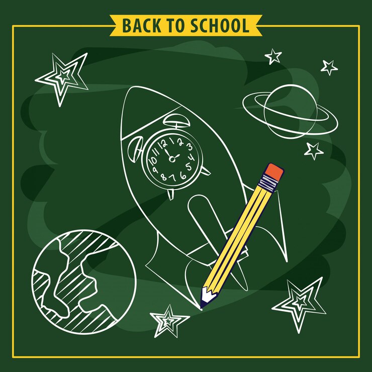 Free Vector rocket and space elements on a blackboard,, back to school illustration