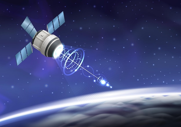 Rocket spacecraft launch realistic composition with view of outer space earth orbit and flying artificial satellite vector illustration