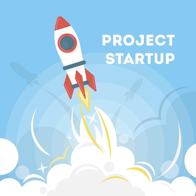 로켓 스타트업 프로젝트 새로운 프로젝트의 개념으로 빨간색과 흰색 우주선