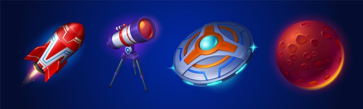 Free Vector rocket telescope alien spaceship and planet