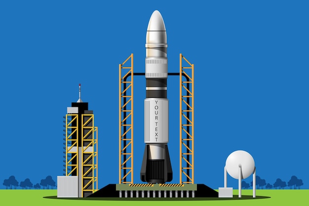 로켓은 정거장에서 우주로 발사됩니다. 로켓 발사 고립 된 세트입니다. 3D 스타일의 일러스트레이션