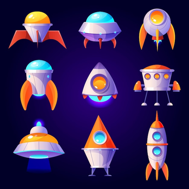 Rockets ufo and shuttles isolated on blue wall  cartoon futuristic design of different spaceships in cosmos flying saucer unidentified rocketships and satellites