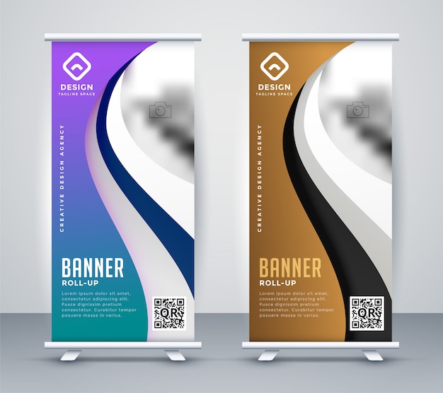 Free vector roll up standee banner design in wavy style