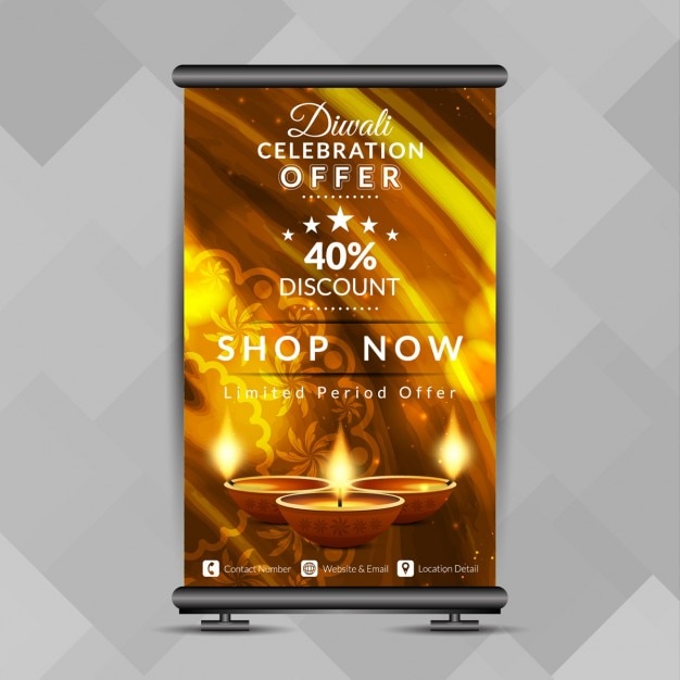 Diwali festival offrire luminoso roll up banner design