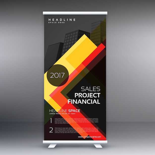 Vettore gratuito standee scuro rimboccarsi banner design con forme astratte di colore giallo