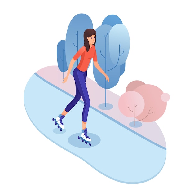 Roller skating isometric illustration Young female skater in sport clothes rollerblading hobby training