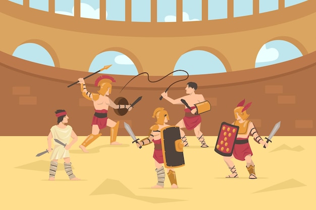 Vettore gratuito soldati corazzati romani che combattono con spade, lance e fruste. illustrazione del fumetto.