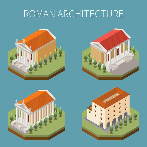 L'impero romano ha messo con l'illustrazione isolata isometrica di simboli di architettura