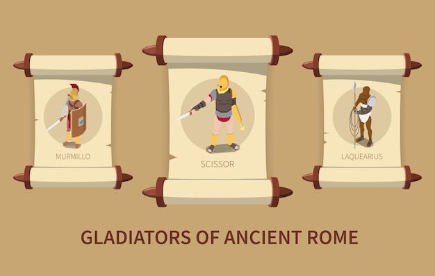 免费矢量罗马角斗士等距海报和三个古老的纸莎草卷轴与男性角色使用不同种类的武器矢量插图