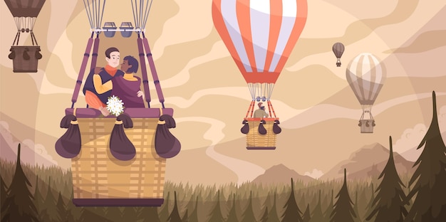2人の恋人の気球飛行ロマンチックな乗り物とロマンチックなカップルの気球フラット構成