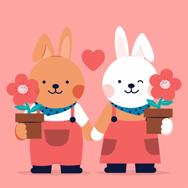 Романтическая пара влюбленных кроликов с цветами