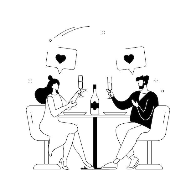 ロマンチックな日付の抽象的な概念のベクトル図最初の日付のロマンチックな関係のラブストーリーバレンタインデーは花のカップルに素晴らしい食事を与えるデートの記念日の抽象的な比喩を祝う