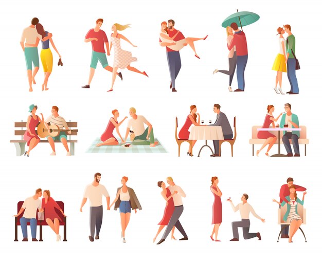 romantic dinner dating couples flat isolated characters collection with lovers kissing going for walk giving gifts 