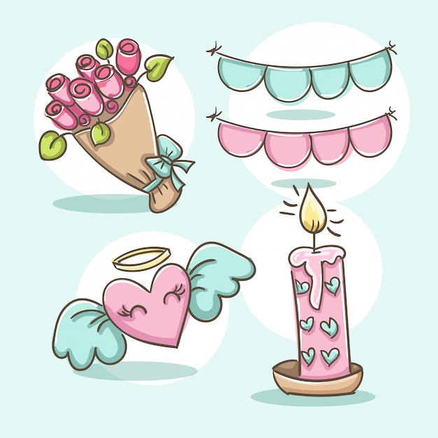 Set di elementi romantici. bouquet di fiori, candela, angelo cuore