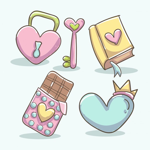 왕관과 함께 책, 심장 잠금, 초콜릿 태블릿, 심장 키와 모양 심장 로맨틱 요소.