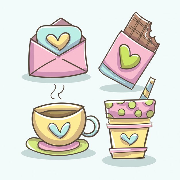 романтические элементы с кофе, шоколадной таблеткой, чашкой и конвертом