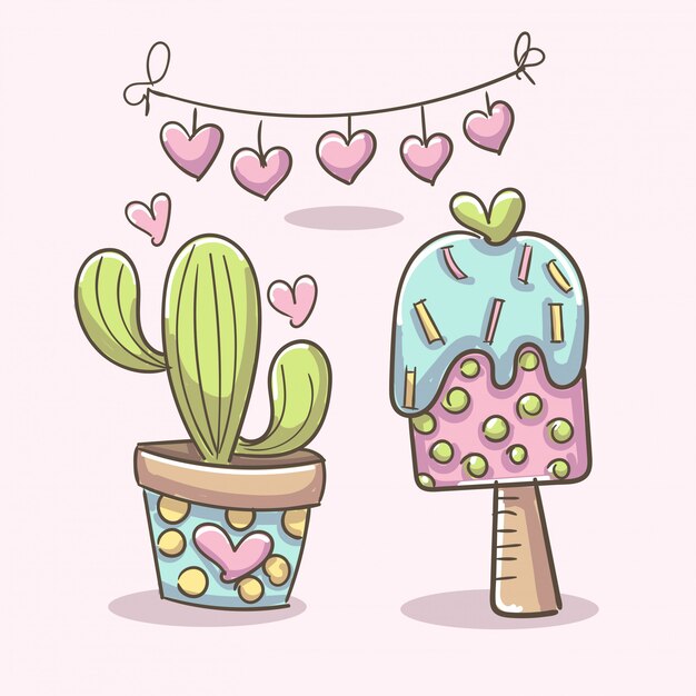 アイスクリームとサボテンの植物でロマンチックな要素