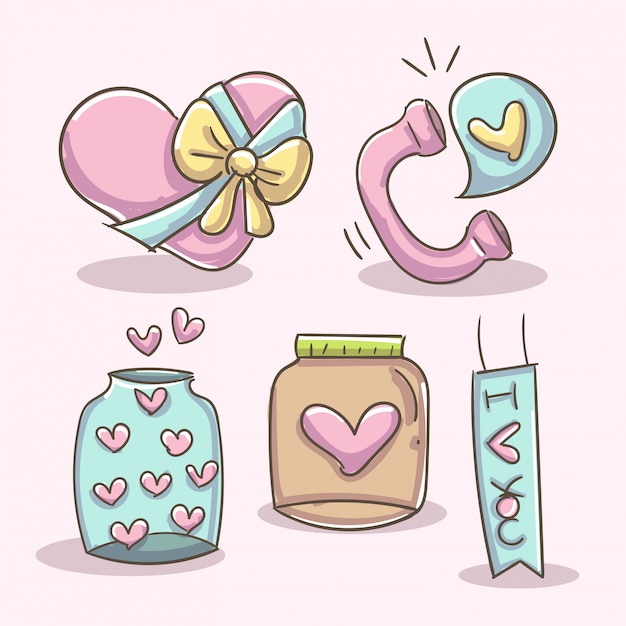 Free vector romantic elements with phone, jar and box heart.