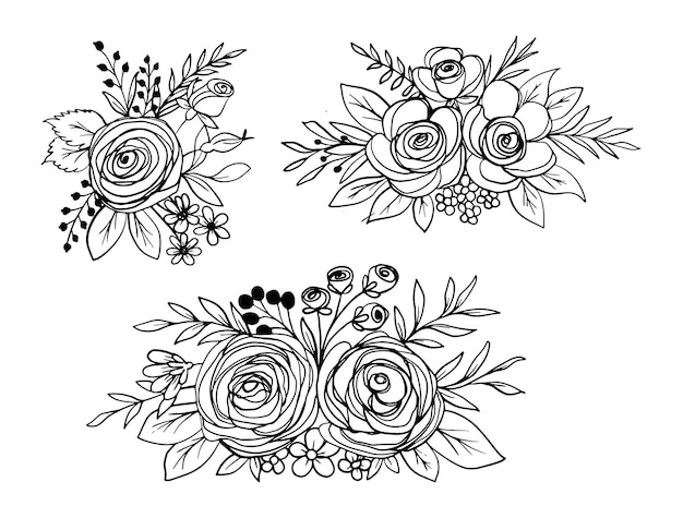 Free vector romantic flower and leaves line art ornament collection