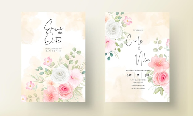 Vettore gratuito set di carte invito matrimonio romantico fiore e foglie