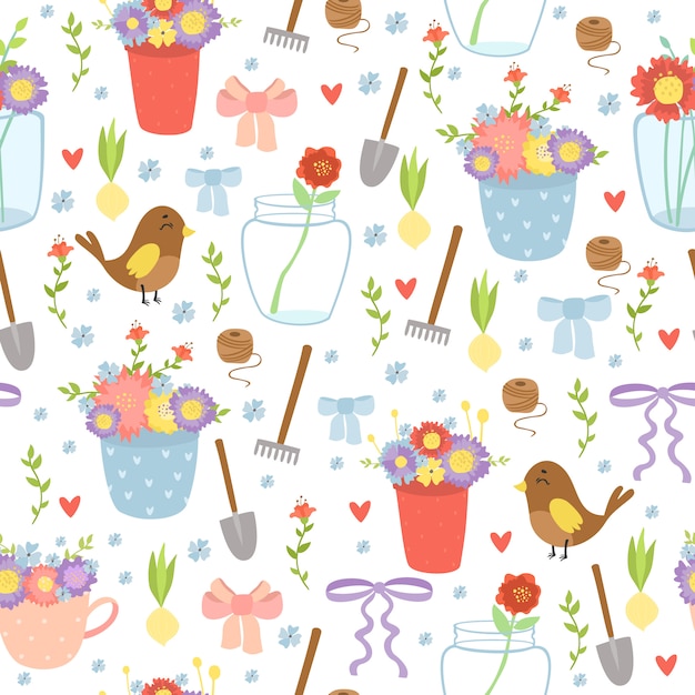 Free vector romantic garden supplies seamless pattern