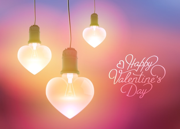 Romantic greeting with inscription and realistic hanging glowing light bulbs in heart shapes