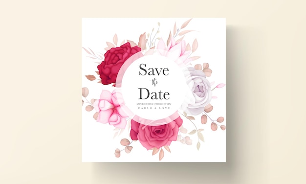 Free vector romantic hand drawn maroon floral wedding invitation card